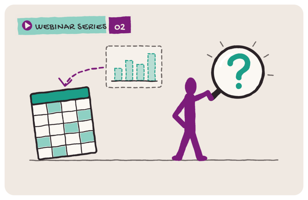 Illustration of a figure holding up a magnifying glass with a question mark, beside a spreadsheet and a bar chart