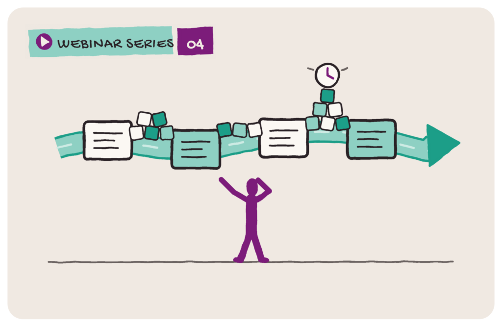Illustration of a figure looking up at a process flow where work piles up between the steps