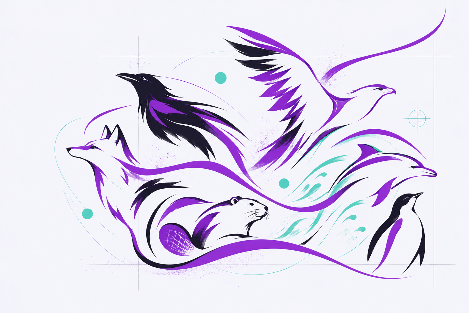 Stylised illustration of a fox, raven, falcon, beaver, dolphin and penguin